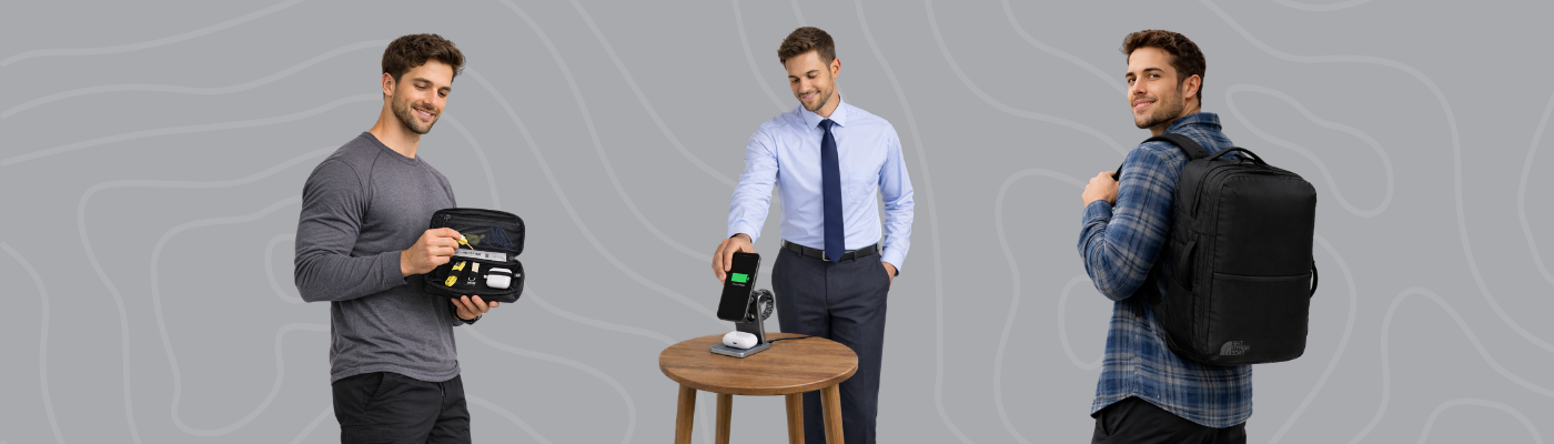 The Globetrotter persona illustration with The North Face travel backpack, MiiR Olympus tech organizer and TUMI foldable wireless charger on white background with teal border, Administrative Professionals Day gift ideas