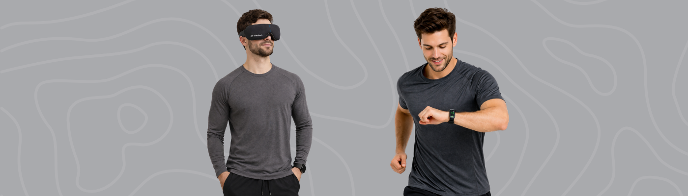 The Zen Master persona illustration with Fitbit Inspire 3 tracker and Therabody SmartGoggles on white background with teal border, Administrative Professionals Day gift ideas