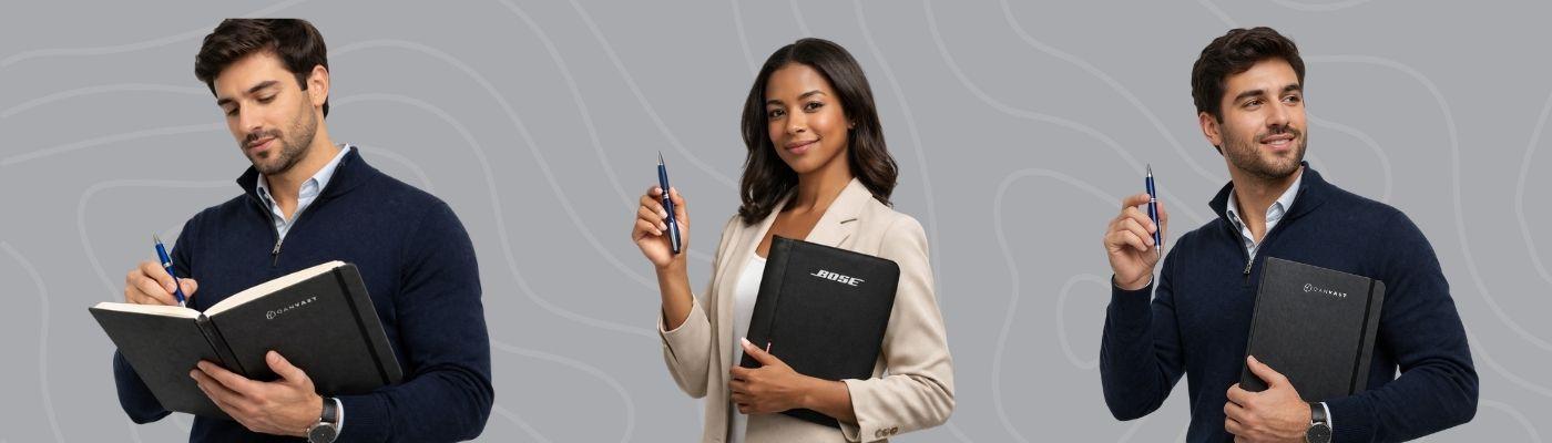 The Planner persona illustration with Moleskine planner, Samsonite writing pad and Cross rollerball pen on white background with teal border, Administrative Professionals Day gift ideas