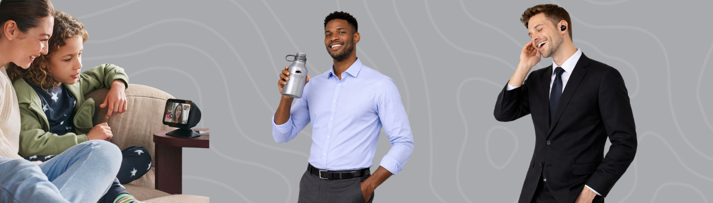 The Backbone persona illustration with Bose QuietComfort earbuds, EcoVessel Boss growler and Amazon Echo Show 5 on white background with teal border, Administrative Professionals Day gift ideas