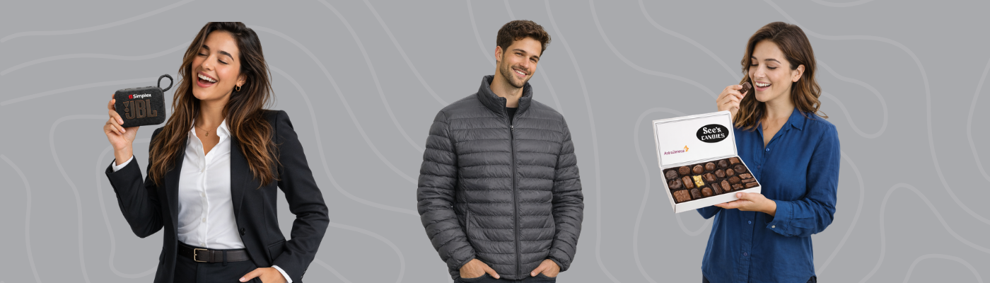 The Vibe Setter persona illustration with See's Candies assorted chocolates, Weatherproof packable down jacket and JBL Go 4 speaker on white background with teal border, Administrative Professionals Day gift ideas