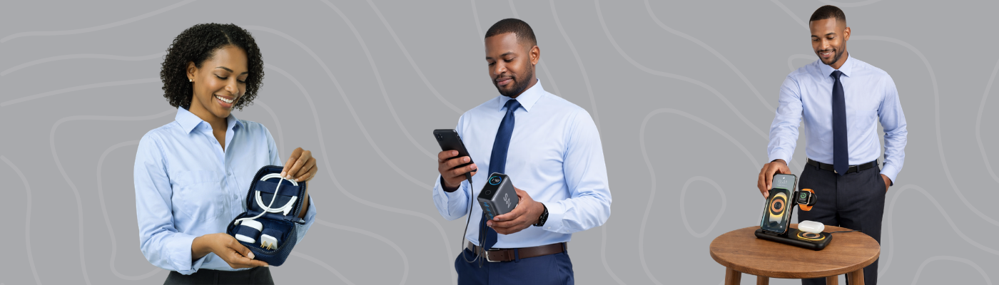 The Problem Solver persona illustration with Anker 140W charger, Dagne Dover tech organizer and HyperGear wireless charging stand on white background with teal border, Administrative Professionals Day gift ideas