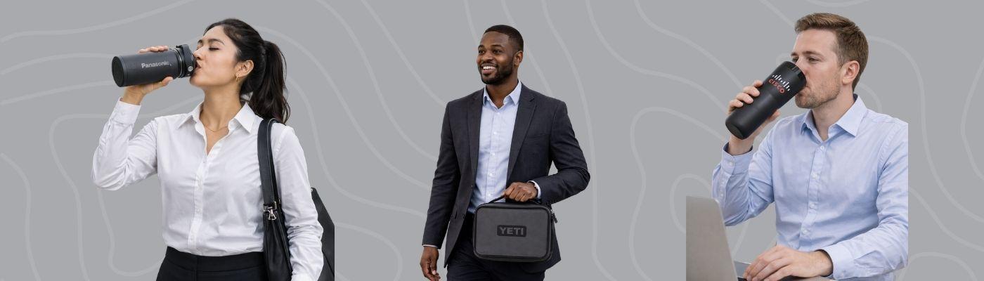 The Hustler persona illustration with Ember smart travel mug, RTIC stainless bottle and YETI Daytrip lunch box on white background with teal border, Administrative Professionals Day gift ideas