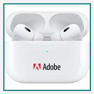 Apple AirPods Pro with MagSafe case featuring Adobe branding displayed on the front of the white charging case.