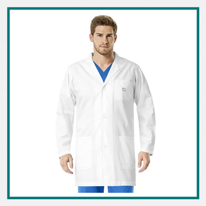 Carhartt lab coat in white with front pockets and button closure, shown worn over medical scrubs.