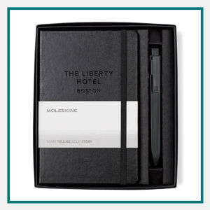 Moleskine medium notebook and GO pen gift set featuring The Liberty Hotel Boston branding in a black presentation box.