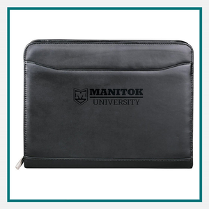 Millennium leather zippered padfolio with Manitok University branding, a polished choice for client appreciation gifts.