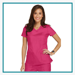 Dickies Ladies&rsquo; EDS Signature V-Neck scrub top in bright pink, a practical apparel choice for thoughtful client appreciation gifts.