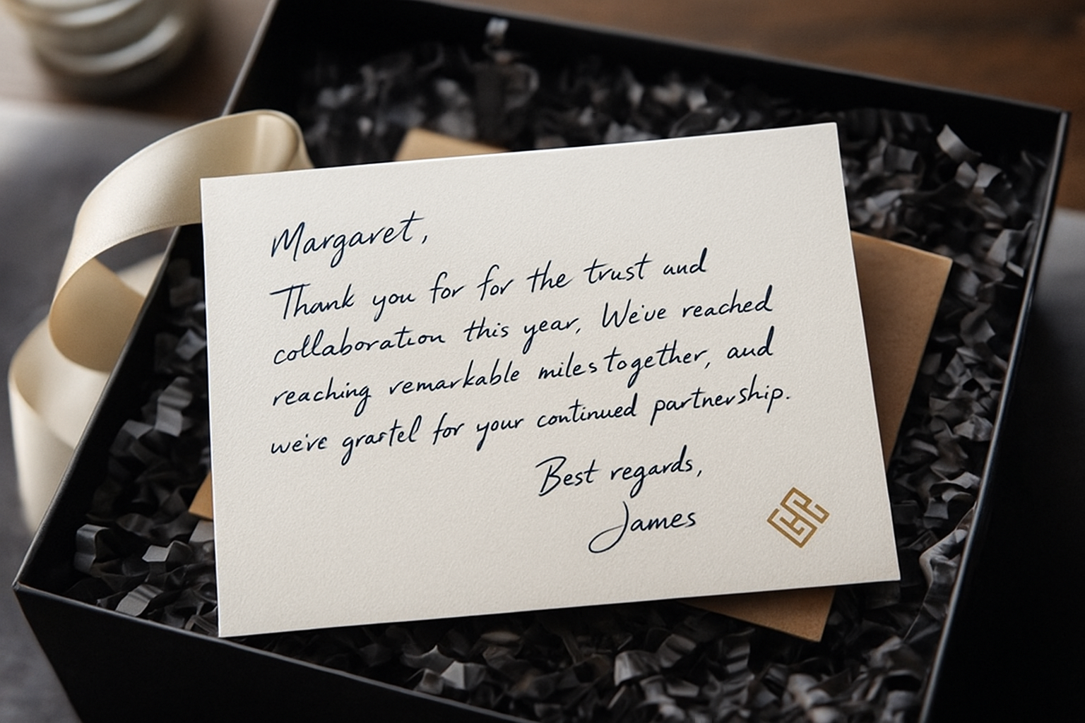 A handwritten thank-you note inside a premium gift box, adding a personal touch often found in high-end client appreciation gifts.