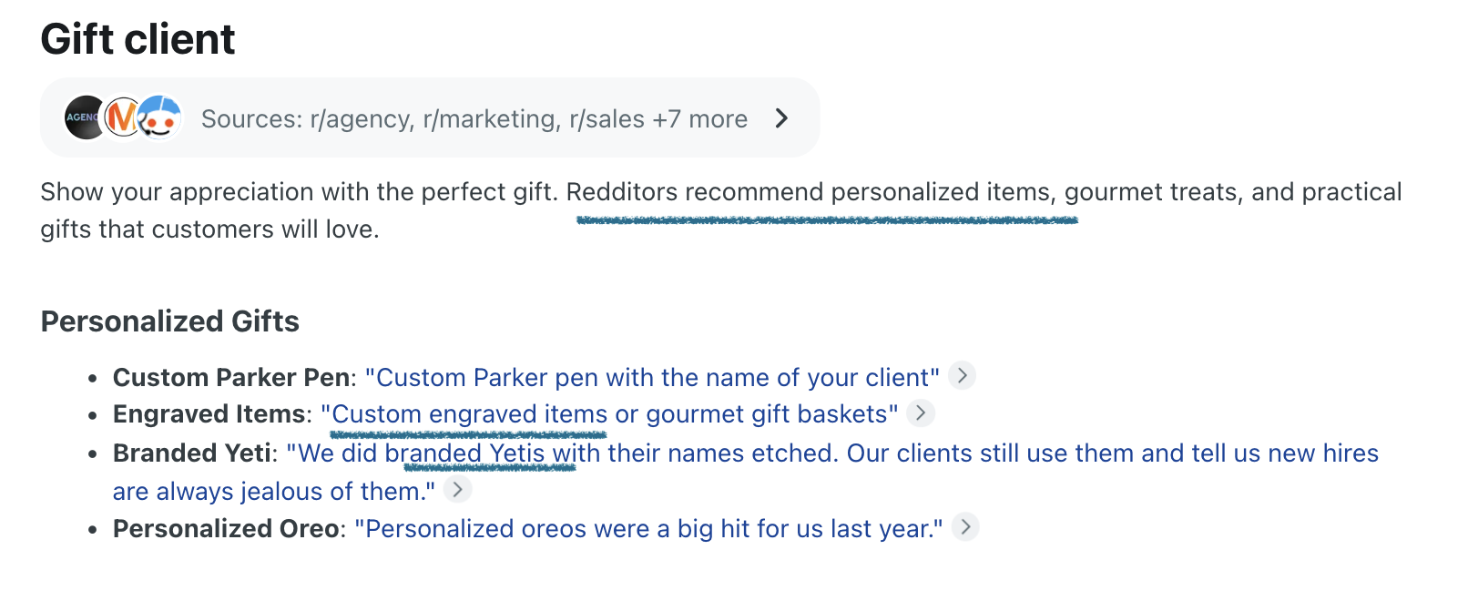 A screenshot of Reddit user responses that show people talking about custom Parker pens, custom engraved items, branded YETIs, and more.