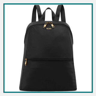 Black TUMI™ Voyageur Just In Case® Travel Backpack with gold zipper accents and compact, minimalist design—customizable for personal or professional use.