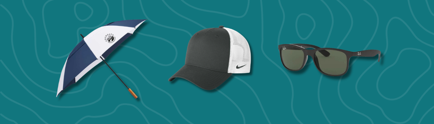 Women&rsquo;s golf stand bag, pink golf polo shirt, and navy zip vest displayed on a teal background, stylish Best Golf Gifts for women golfers.