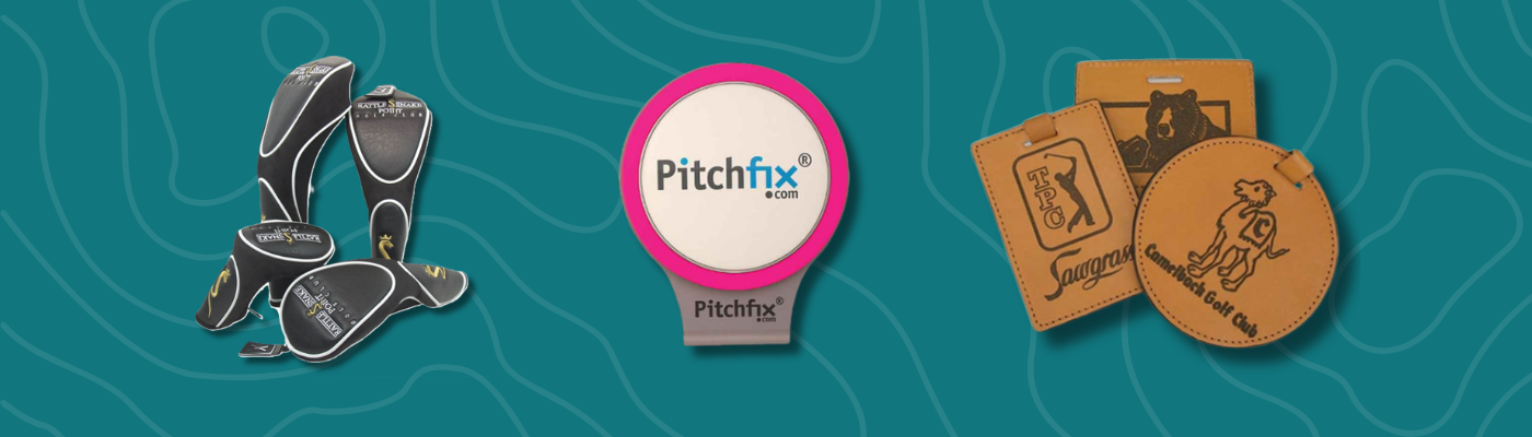 Golf wedges, Pitchfix divot tool with ball marker, and engraved leather golf accessories displayed as the best golf gifts on a teal background.