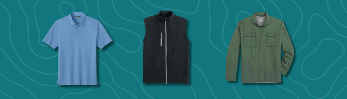 Three engraved golf trophy cups, two black and one blue, displayed on a teal background.