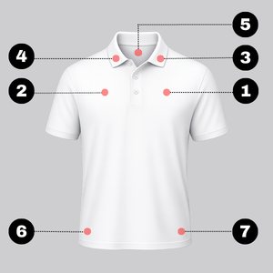 White polo mockup showing multiple front logo placement positions for branding, from Polo Shirt Logo Placement Guide section