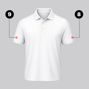 White polo mockup highlighting sleeve logo placement positions as part of the Polo Shirt Logo Placement Guide section