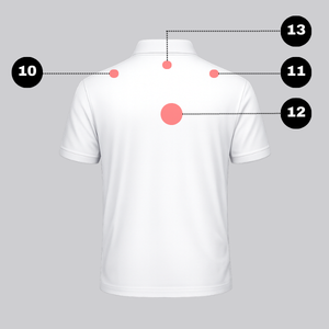 Back view of white polo shirt with multiple upper back and center logo placement points marked for embroidery positioning guide