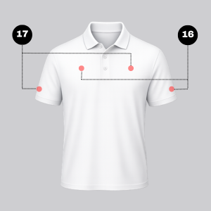 White polo shirt with numbered chest and sleeve logo placement zones connected by dotted guide lines for branding positions