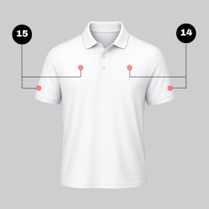 White polo mockup showing additional front chest and sleeve logo positions from the Polo Shirt Logo Placement Guide section