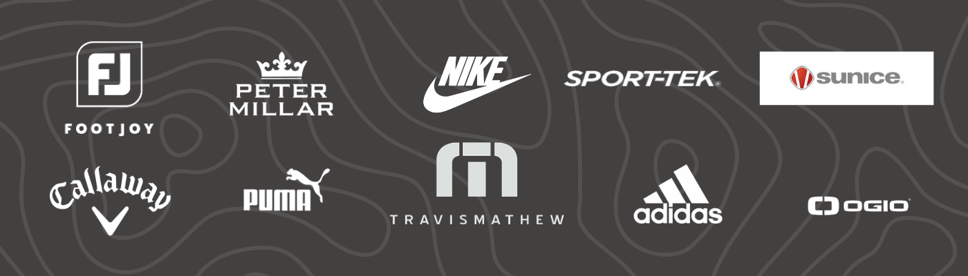 A layout in a grey background containing popular polo brand logos, like FootJoy, Peter Millar, Nike, Sport-Tek, Sunice, Callaway, Puma, Travis Mathew, Adidas, and OGIO.