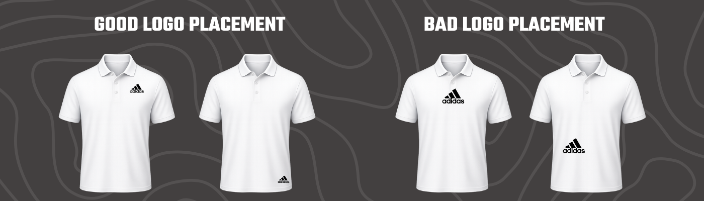White polo examples showing good vs bad logo placement positions for branding on the front chest area