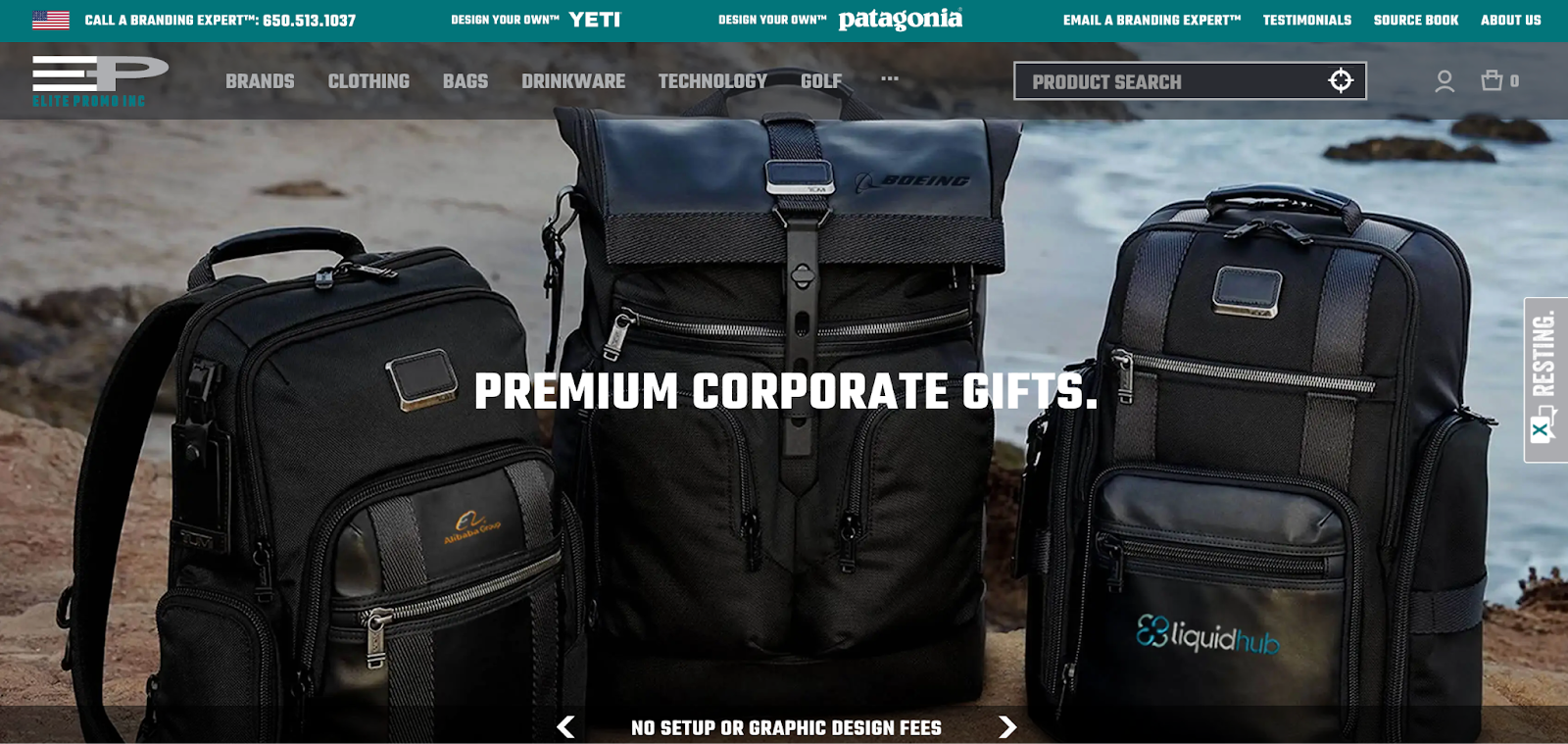 Screenshot of ELITE PROMO INC website hero section showing branded corporate gift backpacks with embroidered company logos