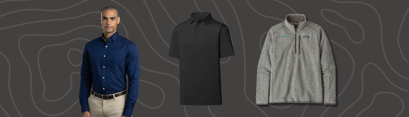 Man in blue shirt beside black polo and gray quarter-zip jacket, best corporate branded gift apparel options