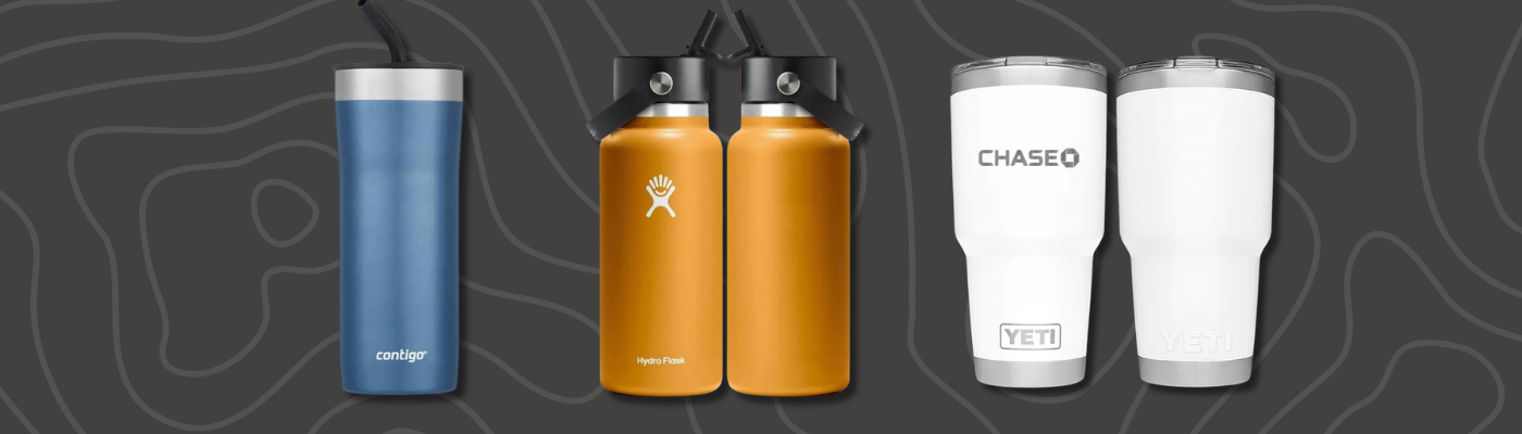 Best Corporate Branded Gifts insulated tumblers, including Contigo, Hydro Flask, and YETI cups, on a dark patterned background.