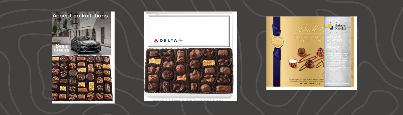Best Corporate Branded Gifts featuring assorted gourmet chocolate boxes with custom packaging and branding on a dark background.