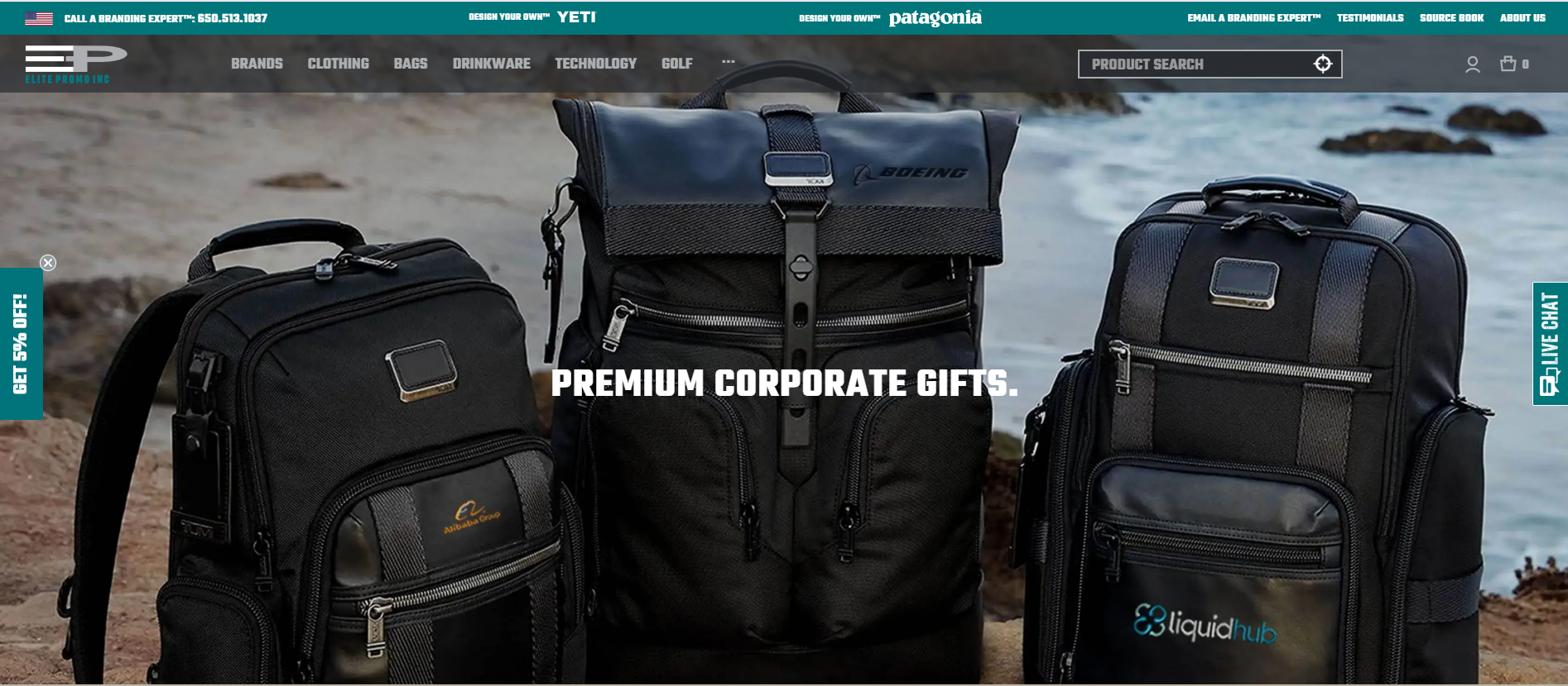 Black backpacks displayed on the beach with “Premium Corporate Gifts” text, the best corporate branded gift idea.