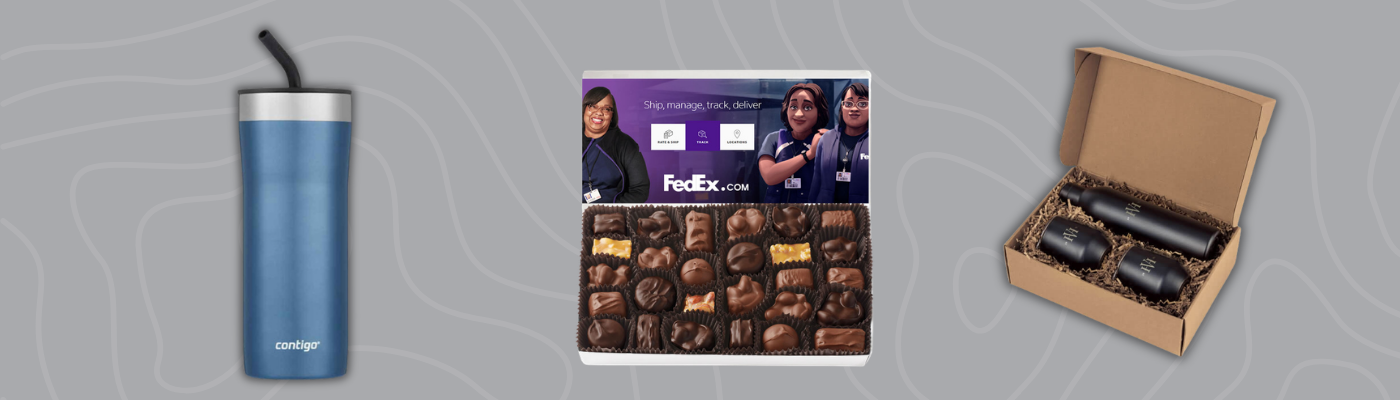 Custom corporate gifts including Contigo tumbler, See’s Candies chocolate box, and MiiR wine gift set on a gray background