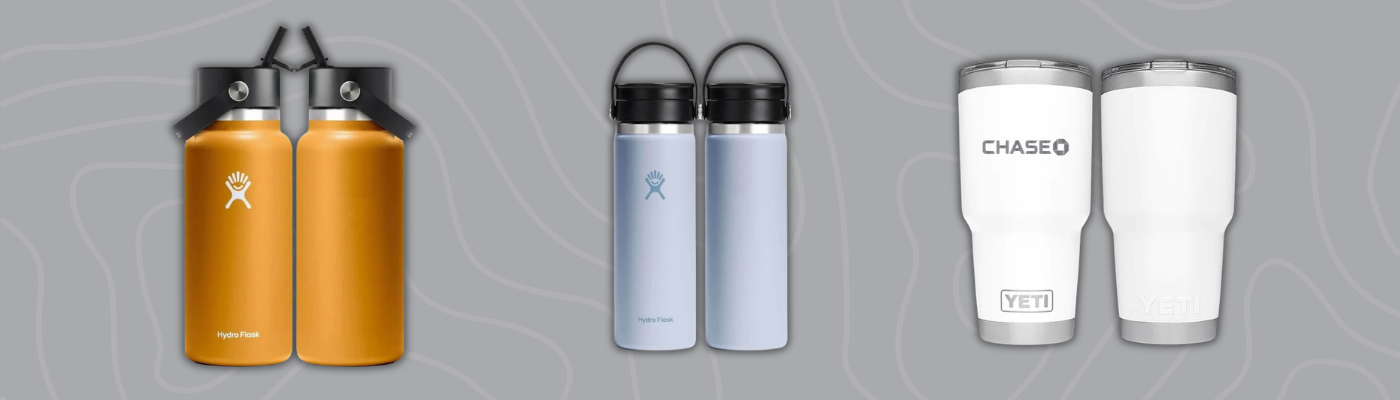 Custom corporate gifts including Hydro Flask bottles and YETI tumbler with Chase branding on gray background