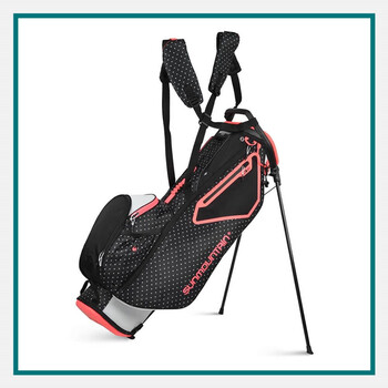 One of the best custom golf bags for women, Sun Mountain black polka-dot stand bag with coral accents, dual shoulder straps, multiple pockets, and kickstand legs
