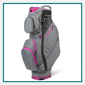 Sun Mountain gray and pink women&rsquo;s cart golf bag with multiple front-facing zippered pockets and integrated lift handles.