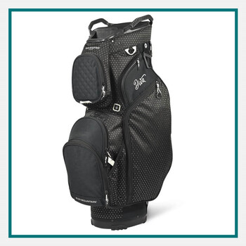 One of the best custom golf bags for women, Sun Mountain Diva black cart bag with quilted pockets, dotted detailing, and integrated lift handles.