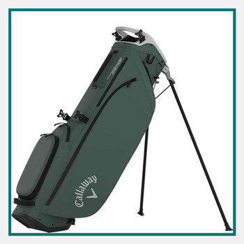 Callaway dark green stand golf bag with black kickstand legs, zippered storage pockets, and integrated top handle.