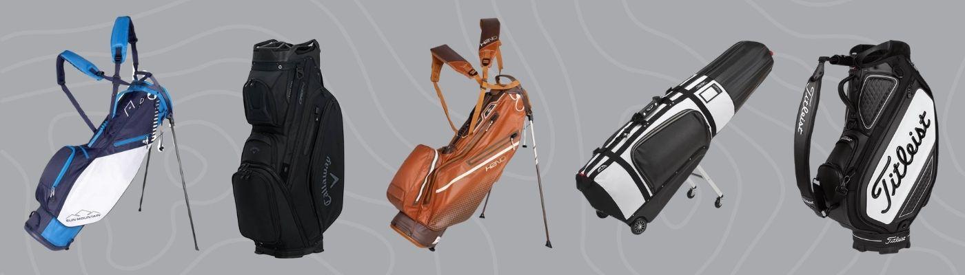 Best custom golf bags for men featuring Sun Mountain, Callaway, and Titleist stand, cart, and travel golf bags on a gray patterned background.