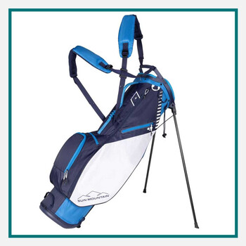Sun Mountain blue and navy lightweight stand golf bag with dual shoulder straps and kickstand legs.