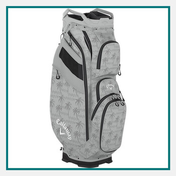 Callaway gray cart golf bag with palm-tree pattern, multiple zippered pockets, and 14-way club divider top.