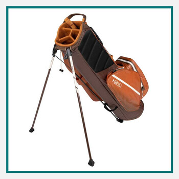 One of the best custom golf bags, Sun Mountain H2NO brown and orange waterproof stand bag with kickstand legs, divided club top, and zippered storage pockets.