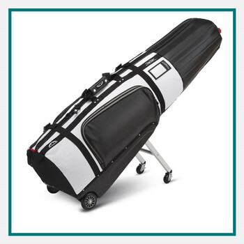 Sun Mountain ClubGlider, one of the best custom golf bags, black and white wheeled travel bag with retractable support legs and exterior storage pocket.