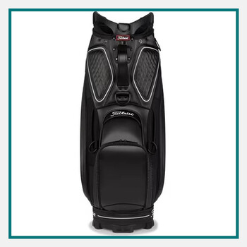 Titleist black Mid Staff Bag with quilted panels, premium hardware, and a large front pocket for custom embroidery.
