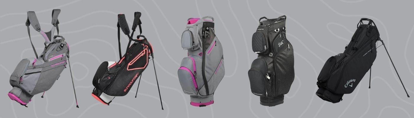 Best custom golf bags for women featuring Sun Mountain stand and cart bags in gray, black, pink, and blue designs on a gray patterned background.