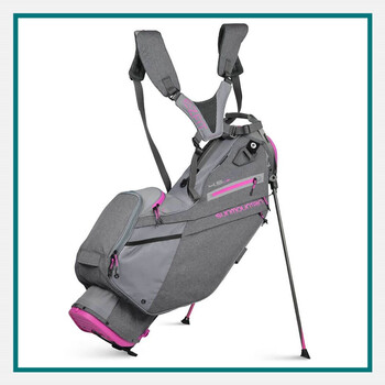 One of the best custom golf bags for women, Sun Mountain gray and pink stand bag with dual shoulder straps, multiple pockets, and kickstand legs.