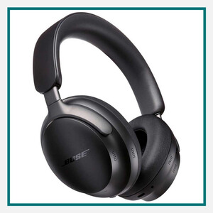 Black Bose over-ear wireless headphones with cushioned ear cups, padded headband, and sleek matte finish, shown against a white background with a teal border.