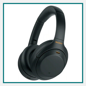 Black Sony over-ear wireless headphones with cushioned ear cups, adjustable headband, and gold logo detailing, shown against a white background with a teal border.
