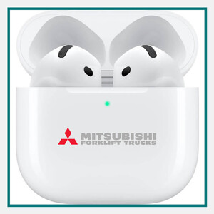 White wireless earbuds in a charging case with the Mitsubishi Forklift Trucks logo, featured among the best luxury corporate gifts for executives.