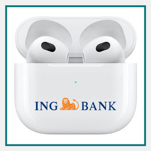 White wireless earbuds in an open charging case with the ING Bank logo printed on the front, shown against a white background with a teal border.