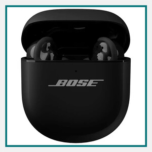 Black Bose wireless earbuds in an open charging case with a sleek logo finish, shown against a white background with a teal border.