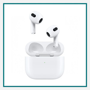 White wireless earbuds floating above an open charging case, featured among the best luxury corporate gifts for executives.